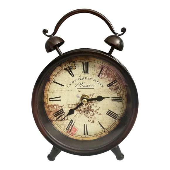 Iron & Glass Vintage Clock Other - Vintage Style Iron Metal Table Desk Clock. Le Boutique Fleurs Madeleine.